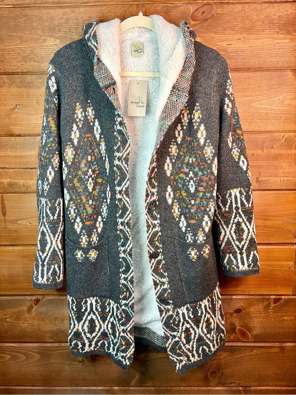 Women's Charcoal Boho Patterned Hooded Sweater Coat Size Medium 🩶